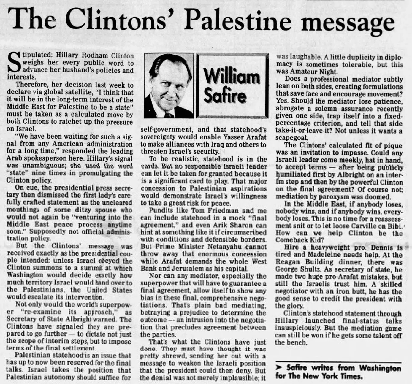 The Clintons' Palestine message &mdash; Roanoke Times, 13 December 1998