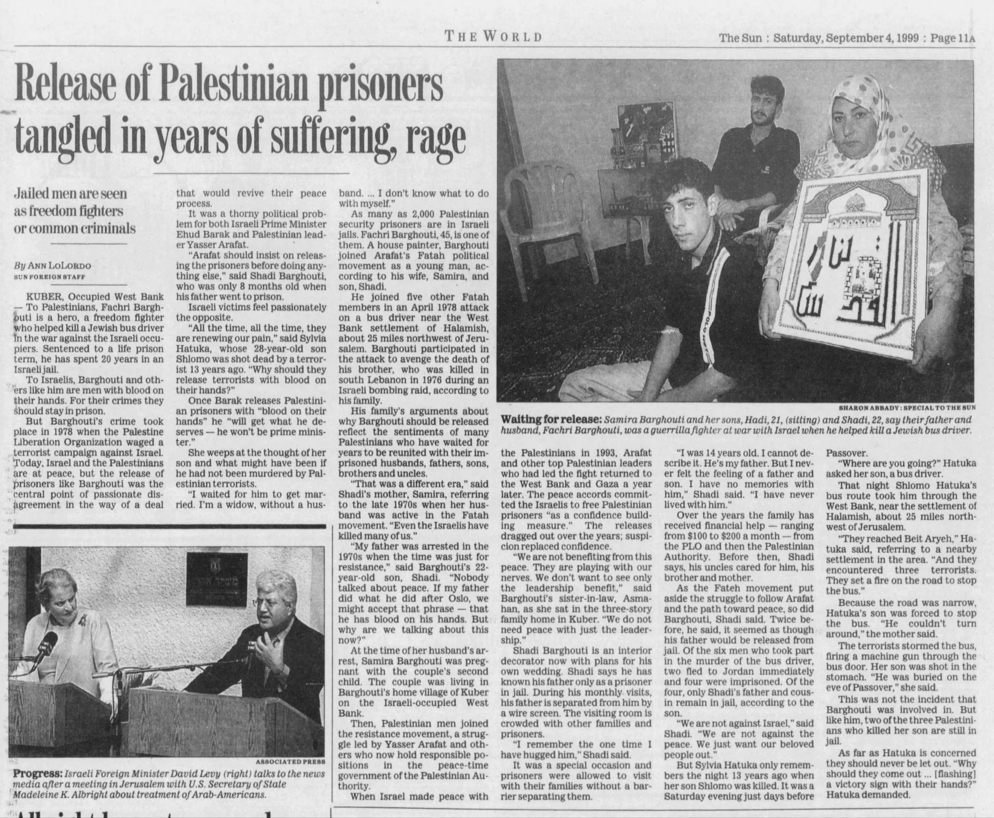 Release of Palestinian prisoners tangled in years of suffering, rage &mdash; The Baltimore Sun, 4 September 1999