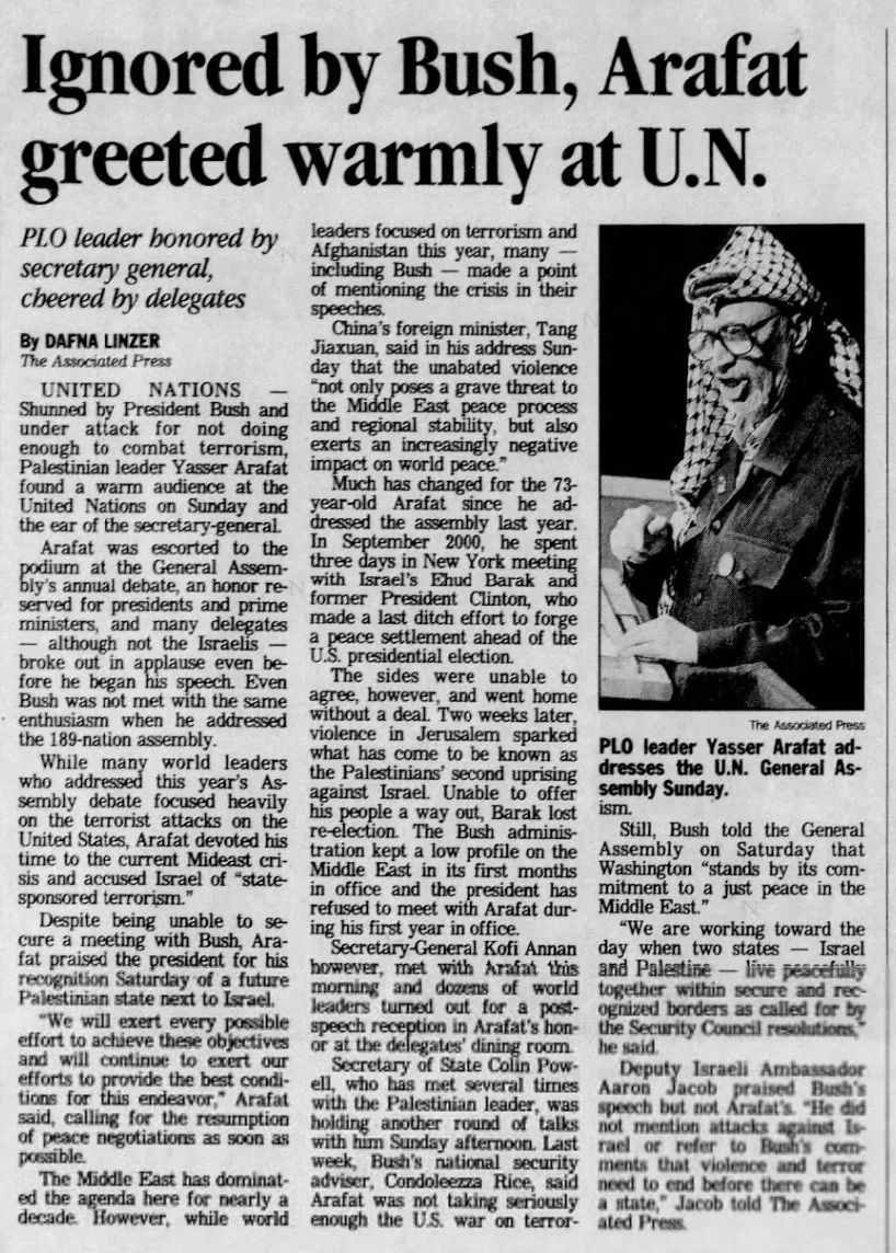 Ignored by Bush, Arafat greeted warmly at U.N. &mdash; Huntsville Times, 12 November 2001