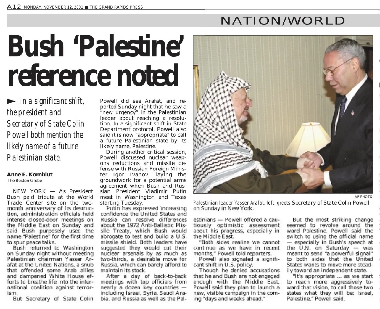 Bush ‘Palestine’ reference noted &mdash; The Grand Rapids Press, 12 November 2001