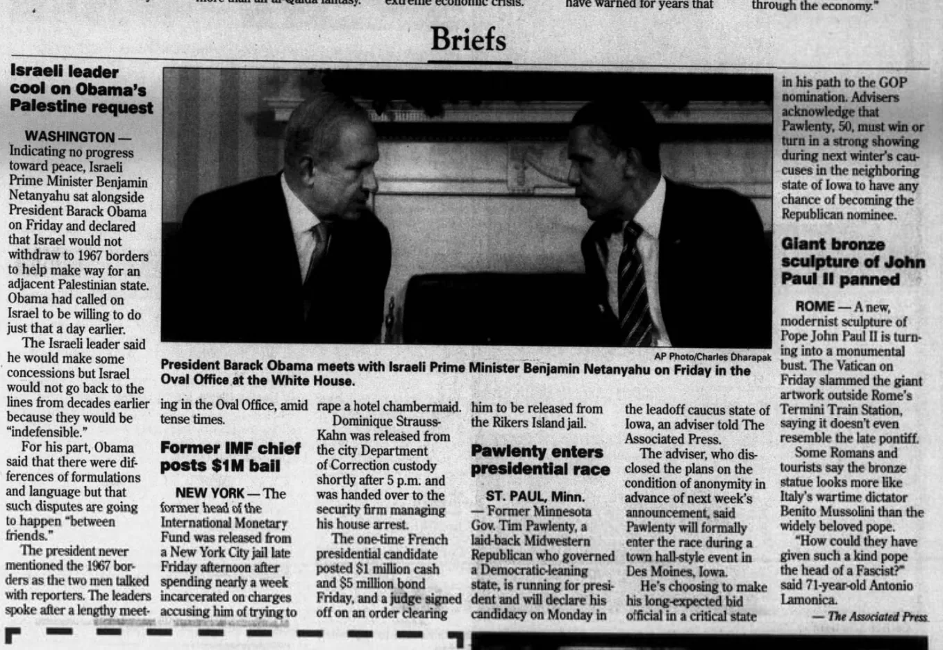 Israeli leader cool on Obama’s Palestine request &mdash; The Coeur d’Alene Press, 21 May 2011