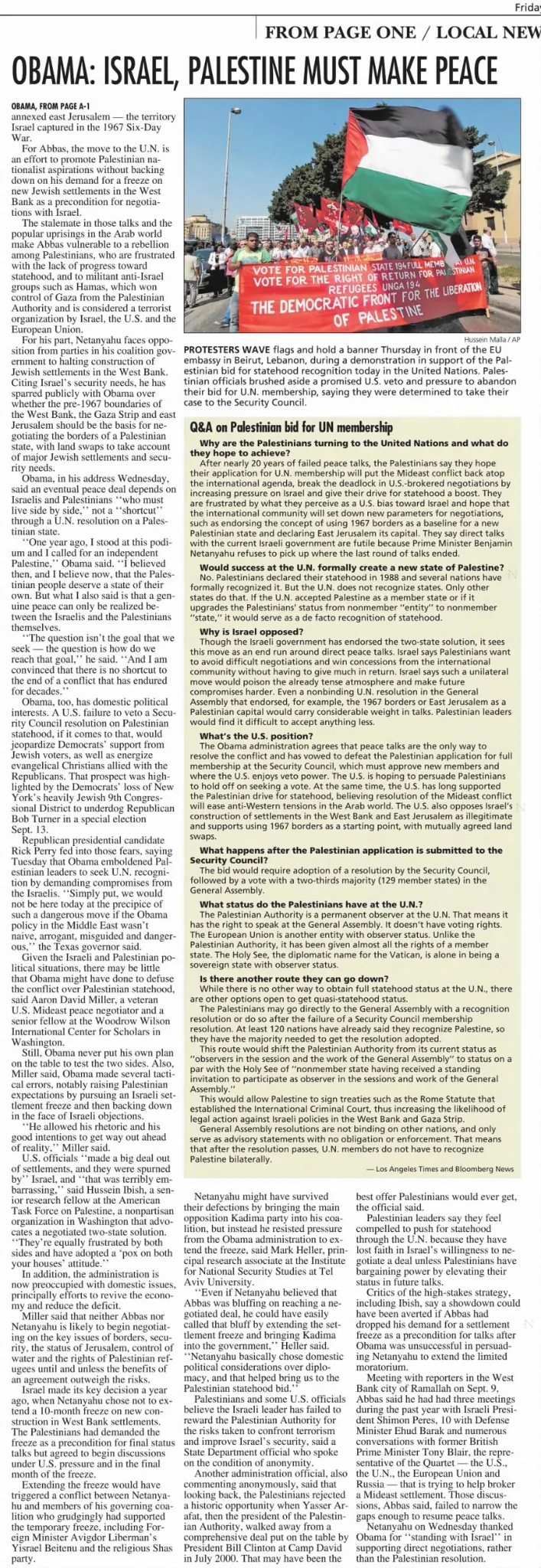 ОВАМА: ISRAEL, PALESTINE MUST MAKE PEACE THE DEMOCRATIC FRONT FOR THE LIBERATION &mdash; The Post Standard, 23 September 2011