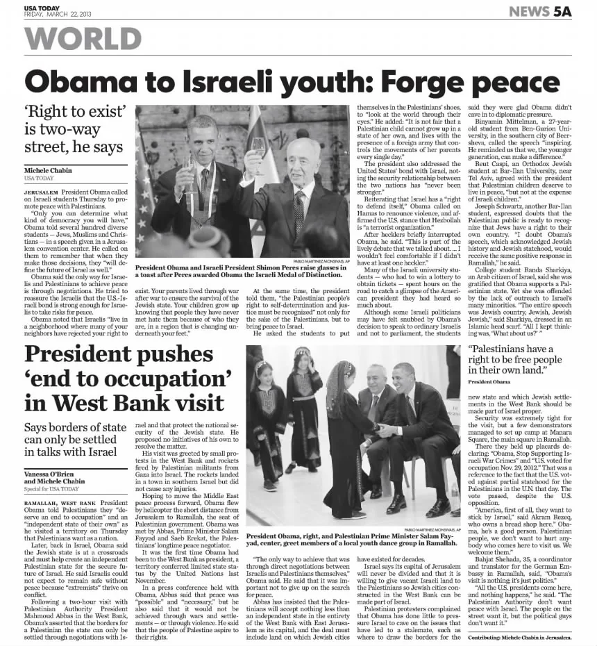 WORLD Obama to Israeli youth: Forge peace &mdash; Honolulu Star Adviser, 22 March 2013