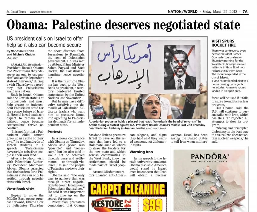 Obama: Palestine deserves negotiated state &mdash; St. Cloud Times, 22 March 2013