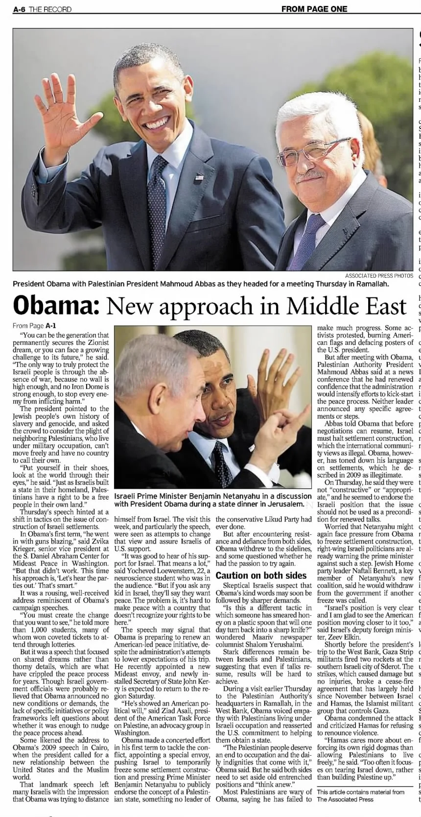Obama: New approach in Middle East &mdash; The Recorder, 22 March 2013