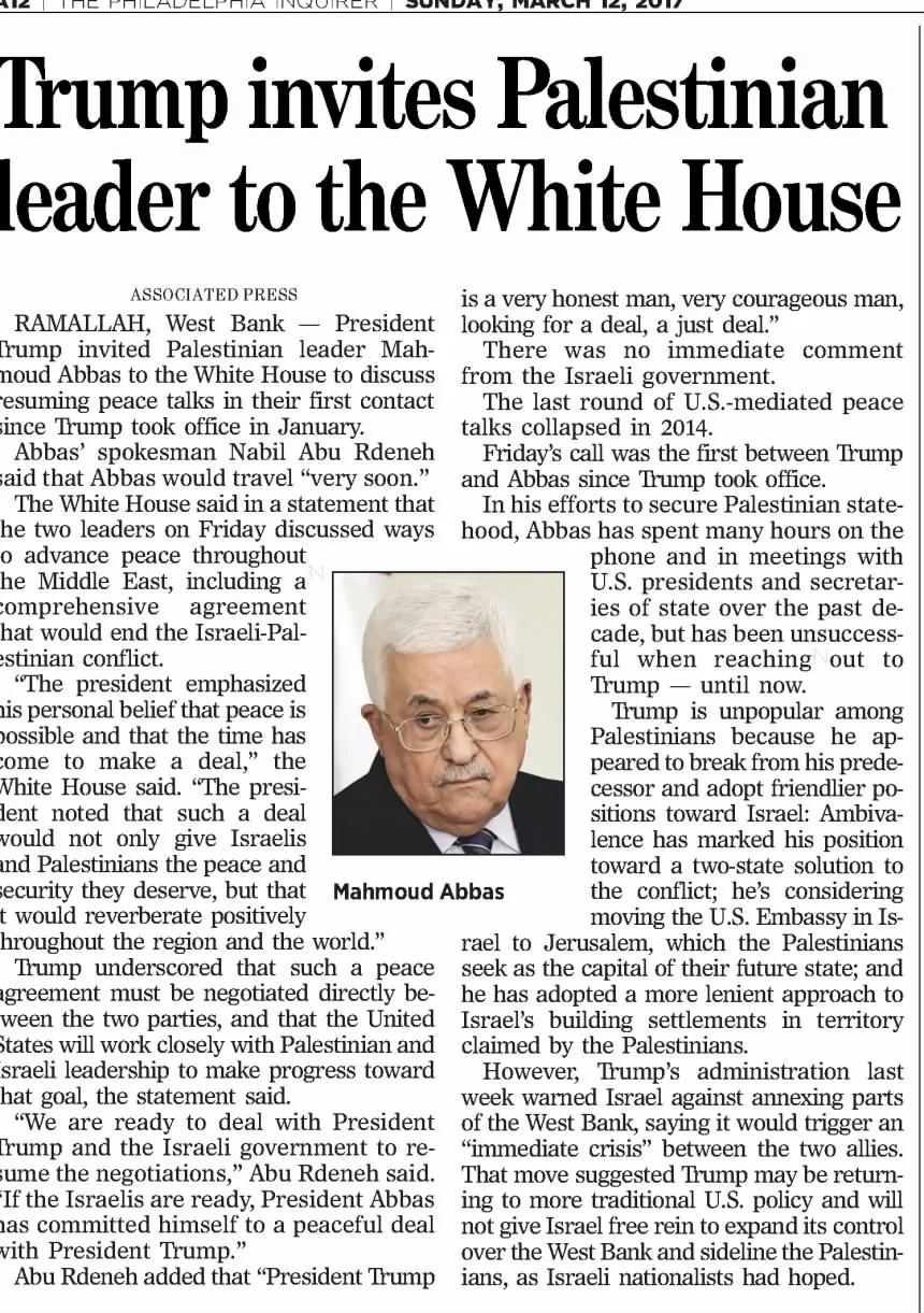 Trump invites Palestinian leader to the White House &mdash; Philadelphia Inquirer, 12 March 2017
