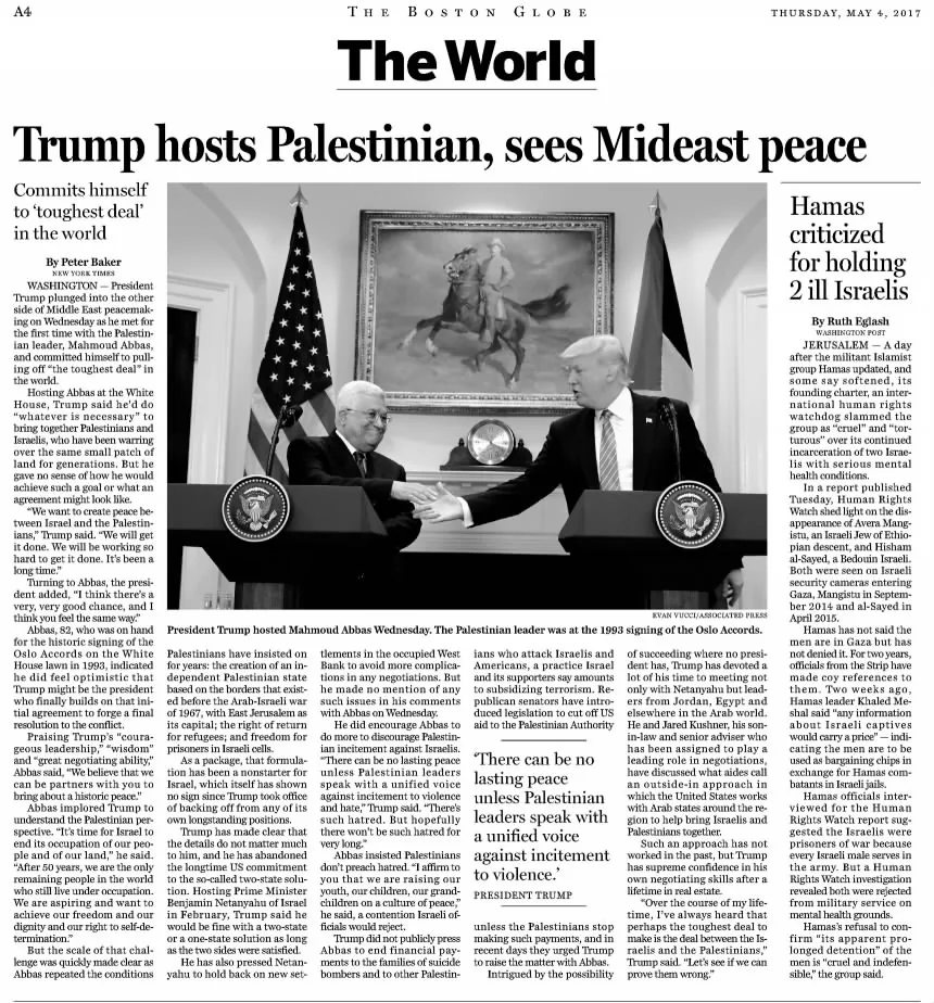 The World Trump hosts Palestinian, sees Mideast peace — Philadelphia Inquirer, 12 March 2017