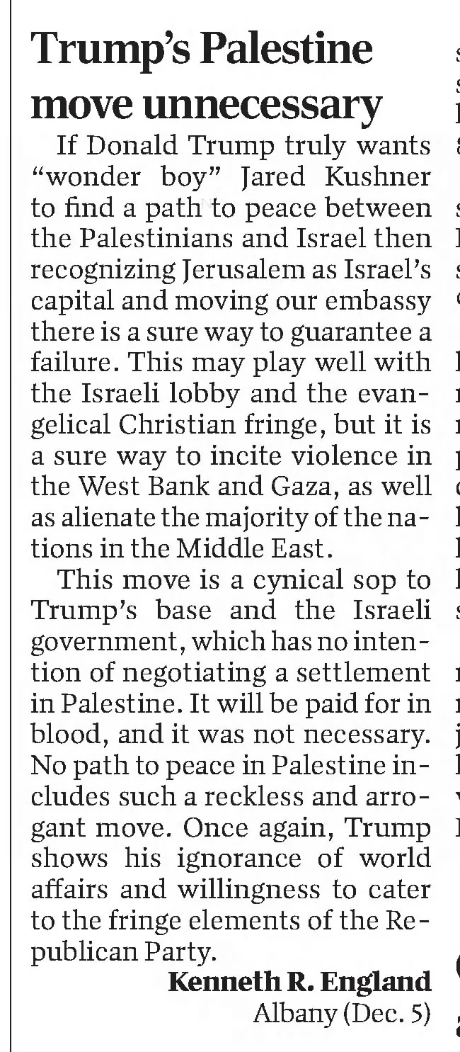 Trump’s Palestine move unnecessary &mdash; The Star Press, December 2017