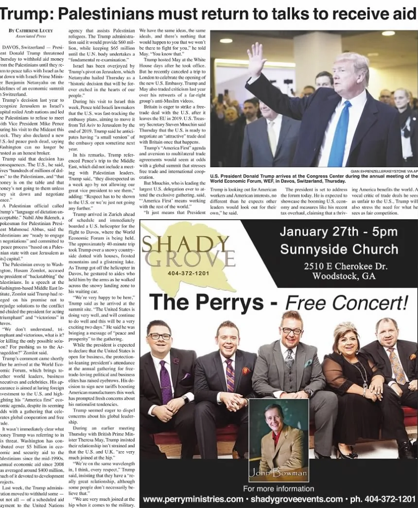 Trump: Palestinians must return to talks to receive aid &mdash; Daily Tribune News, 26 January 2018