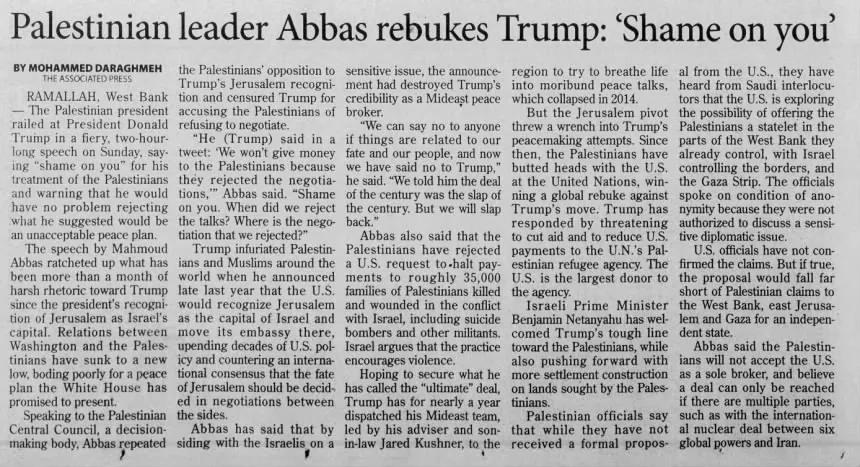 Palestinian leader Abbas rebukes Trump: 'Shame on you' &mdash; Daily Tribune News, 26 January 2018
