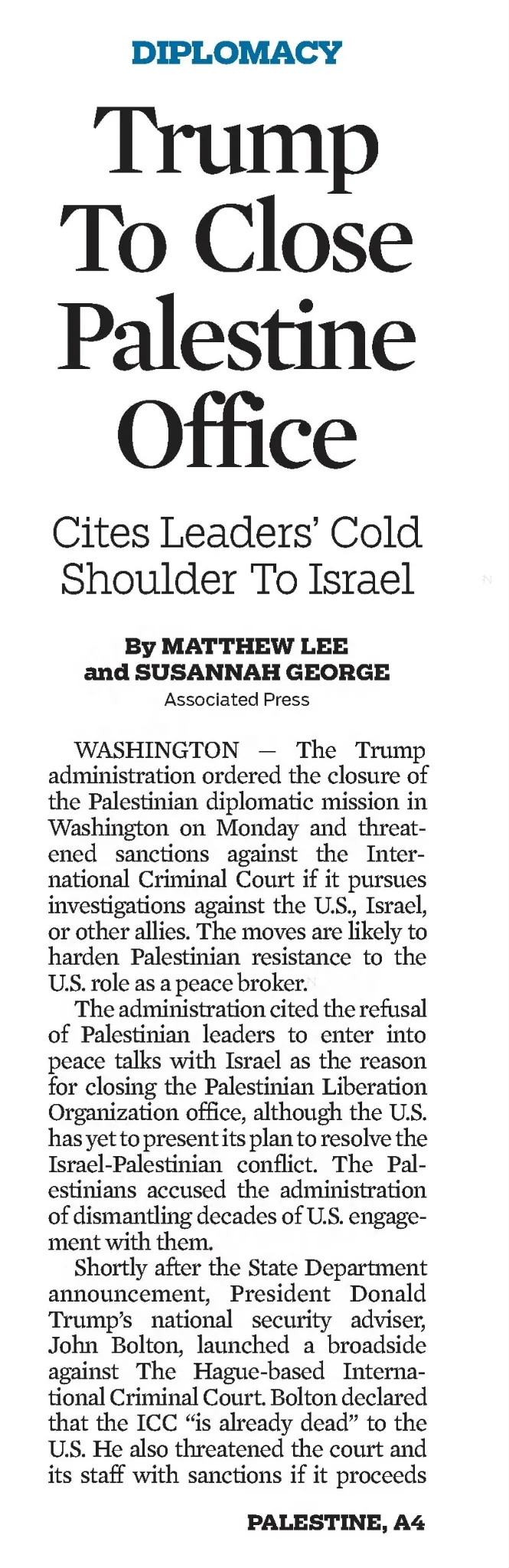 Trump To Close Palestine Office &mdash; Hartford Courant, 11 September 2018