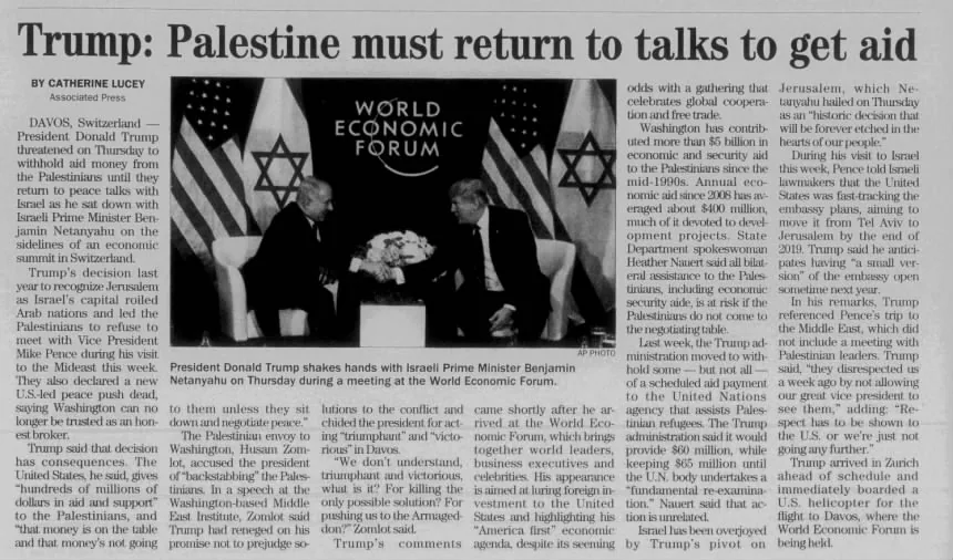 Trump: Palestine must return to talks to get aid &mdash; Rocky Mount Telegram, 26 January 2018