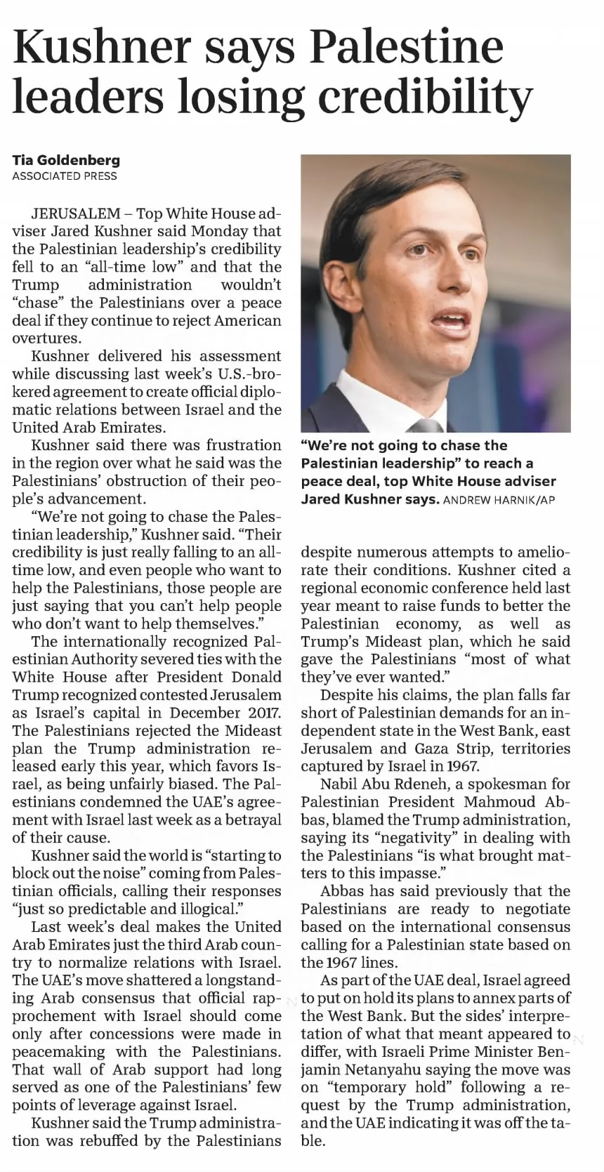 Kushner says Palestine leaders losing credibility &mdash; Des Moines Register, 18 August 2020