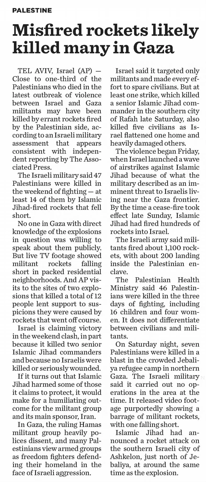 Misfired rockets likely killed many in Gaza &mdash; Des Moines Register, 18 August 2020