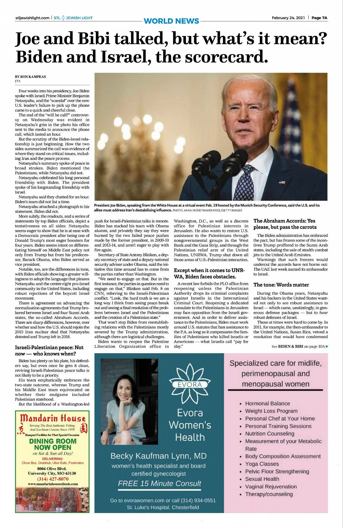 Joe and Bibi talked, but what's it mean? Biden and Israel, the scorecard. — St. Louis Jewish Light, 24 February 2021