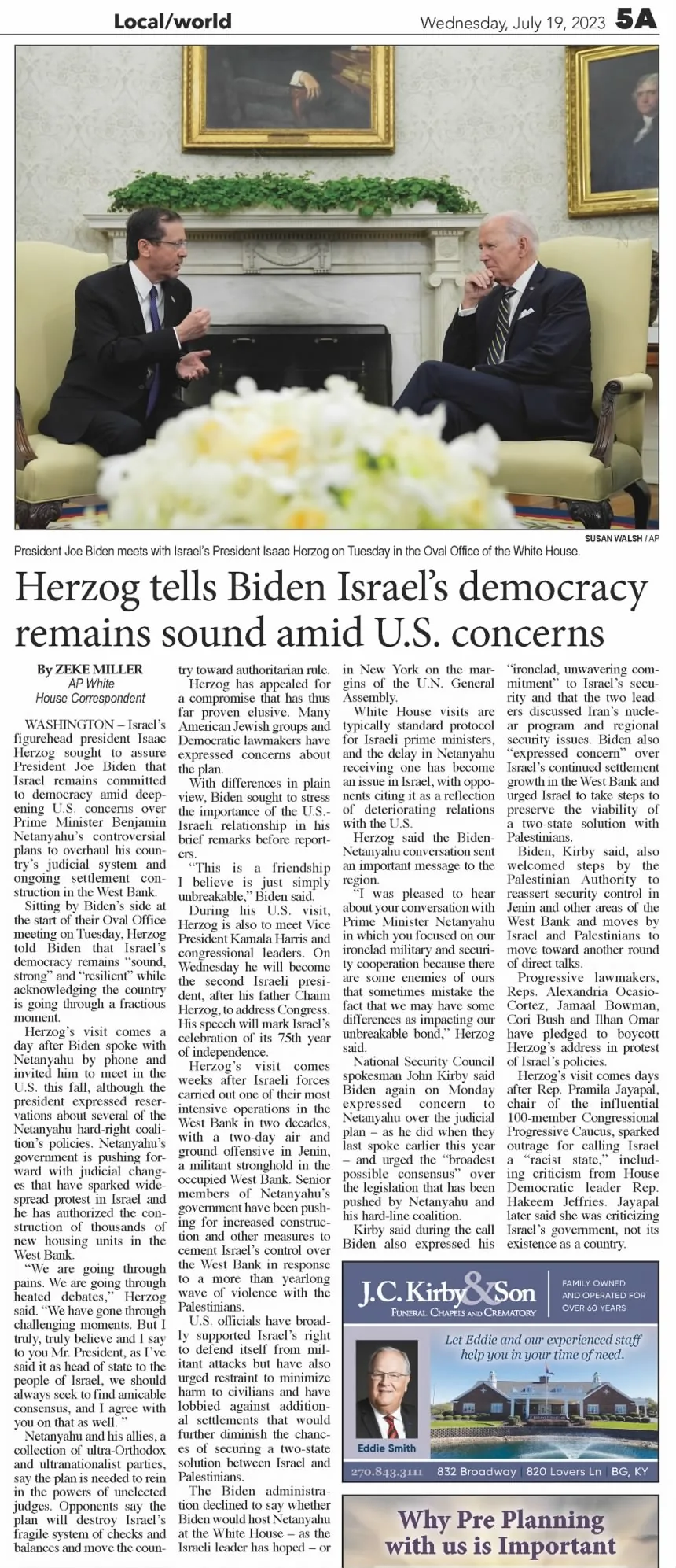 Herzog tells Biden Israel's democracy remains sound amid U.S. concerns &mdash; Park City Daily News, 19 July 2023