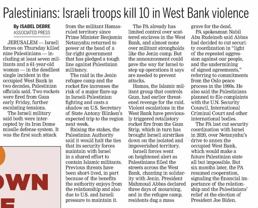Palestinians: Israeli troops kill 10 in West Bank violence — Port Charlotte Sun, 27 January 2023