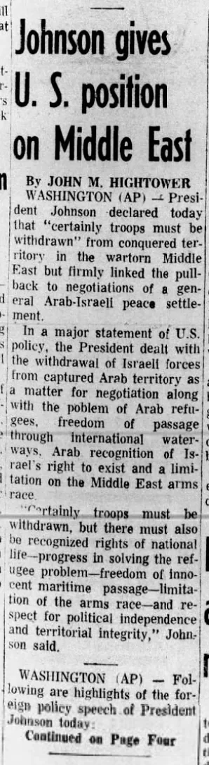 Johnson gives U.S. position on Middle East &mdash; Daily World, 19 June 1967