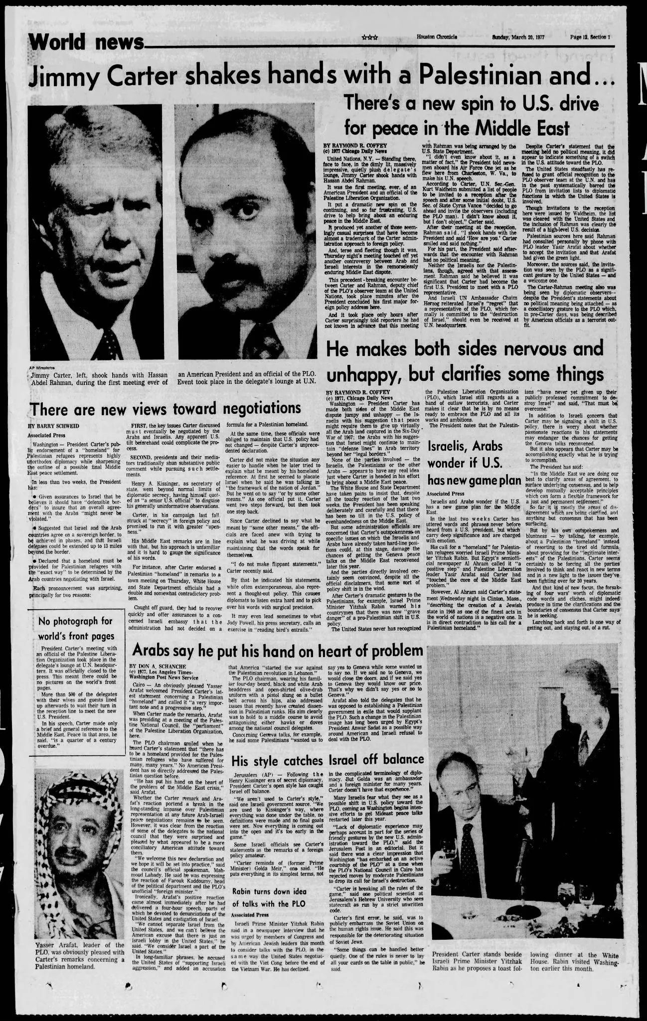 Jimmy Carter shakes hands with a Palestinian and &mdash; Houston Chronicle, 20 March 1977