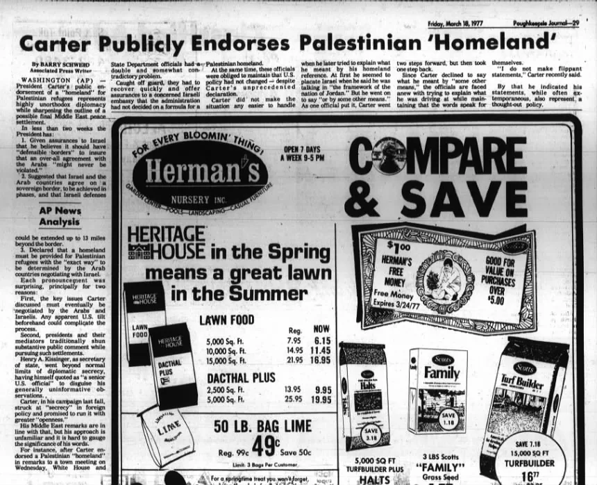 Carter Publicly Endorses Palestinian ‘Homeland’ &mdash; Poughkeepsie Journal, 18 March 1977