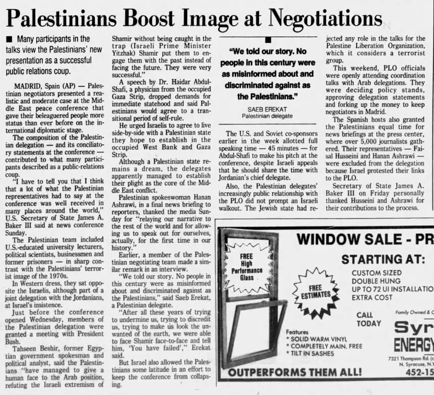Palestinians Boost Image at Negotiations &mdash; Post Standard, 4 November 1991