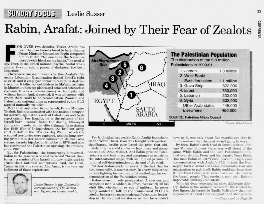 Rabin, Arafat: Joined by Their Fear of Zealots &mdash; Newsday, 19 September 1993