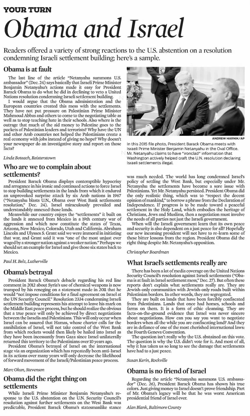 Obama and Israel &mdash; Baltimore Sun, 31 December 2016