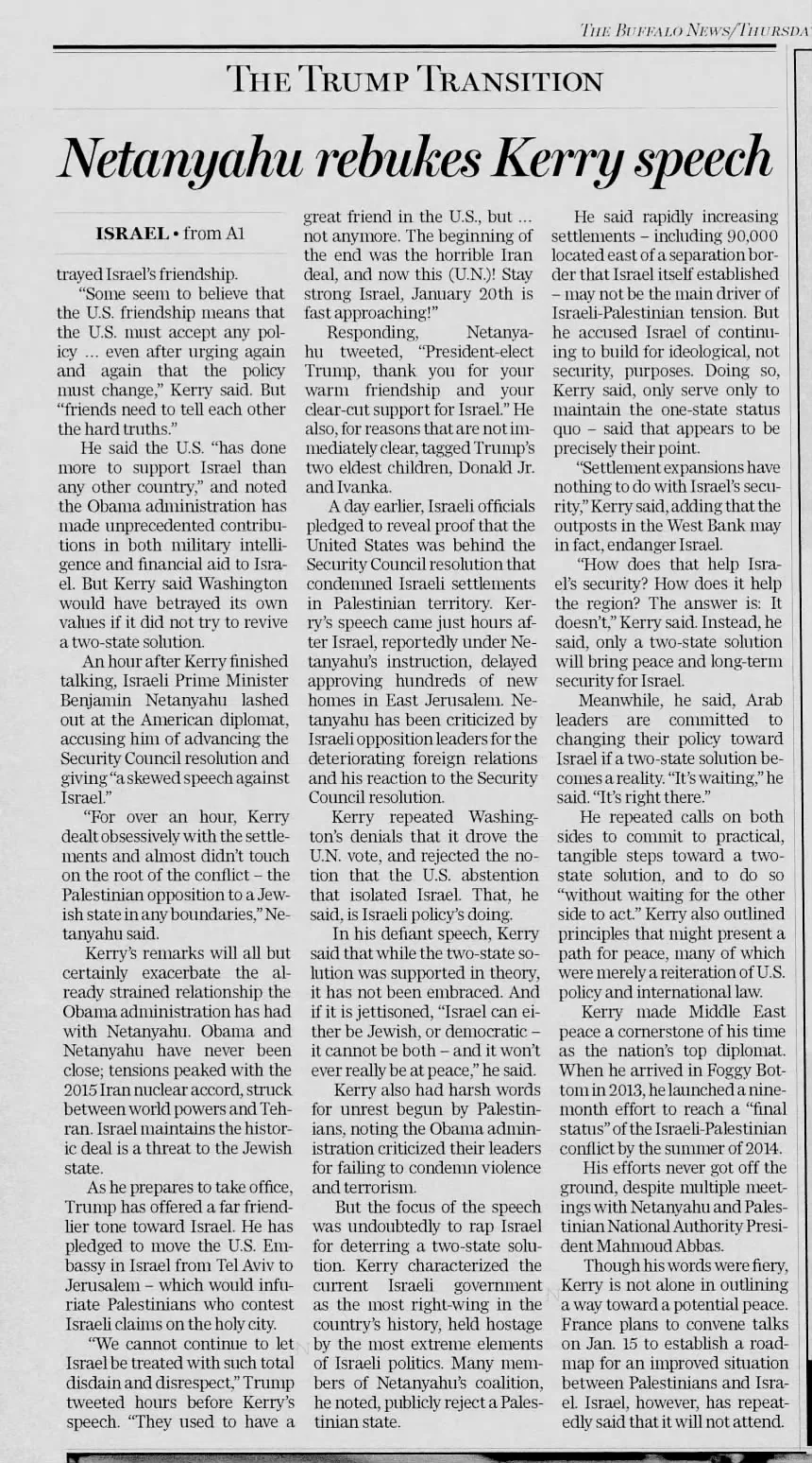 Netanyahu rebukes Kerry speech — Buffalo News, 29 December 2016