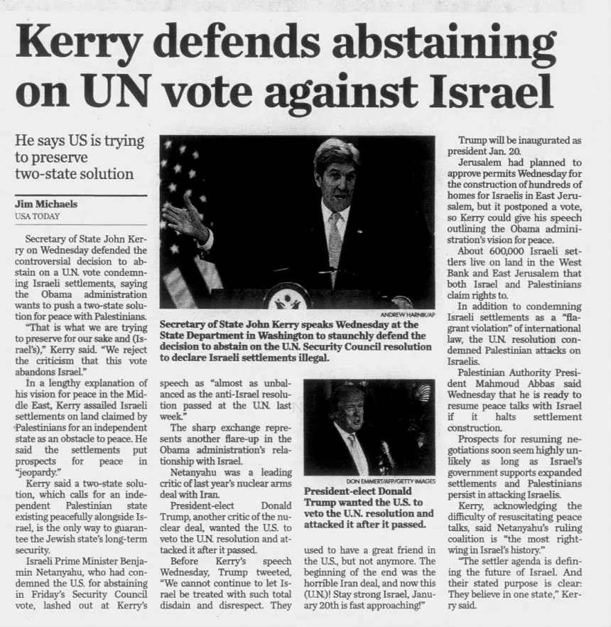 Kerry defends abstaining on UN vote against Israel &mdash; Public Opinion, 29 December 2016