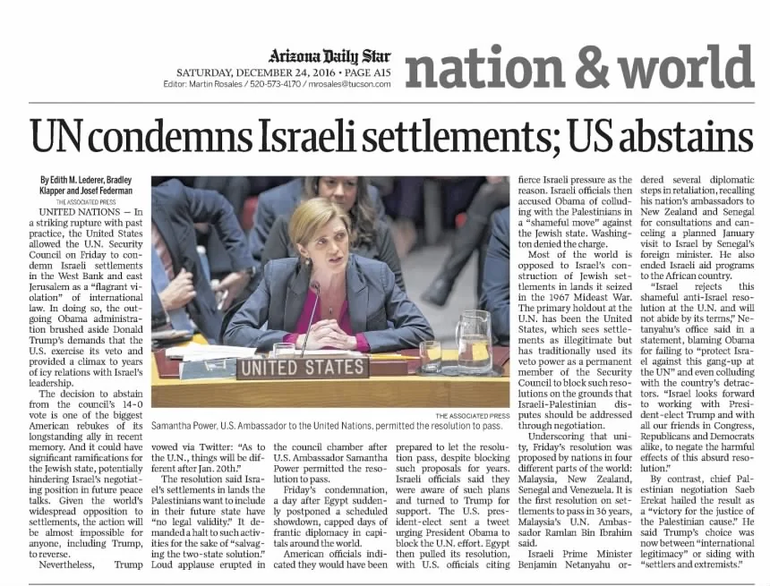 UN condemns Israeli settlements; US abstains &mdash; Arizona Daily Star, 24 December 2016