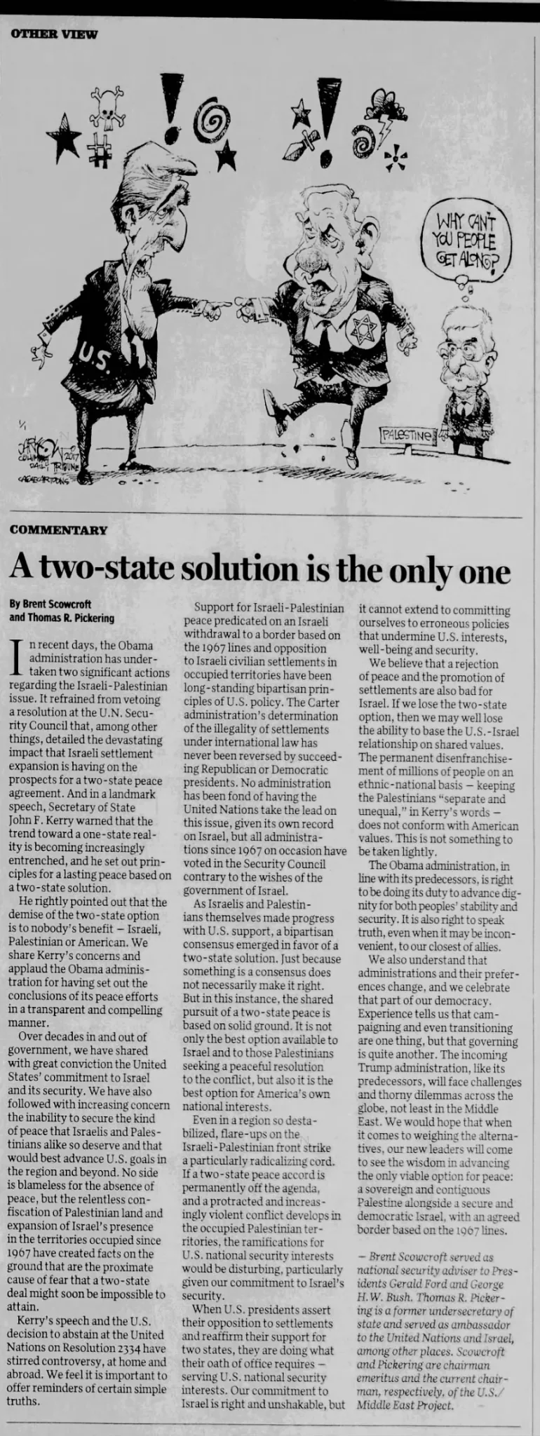 A two-state solution is the only one &mdash; Telegram and Gazette, 3 January 2017