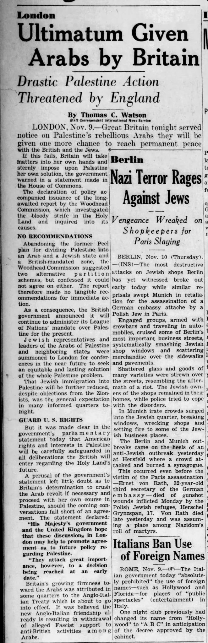 Ultimatum Given Arabs by Britain &mdash; Los Angeles Examiner, 10 November 1938