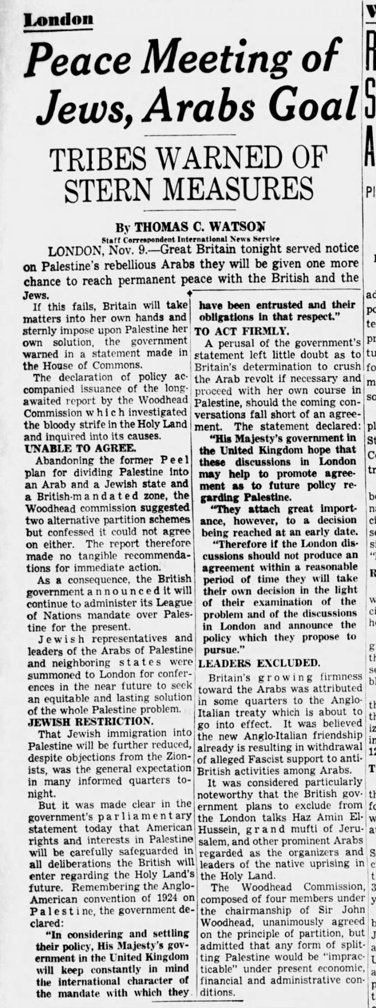 Peace Meeting of Jews, Arabs Goal &mdash; SF Examiner, 10 November 1938