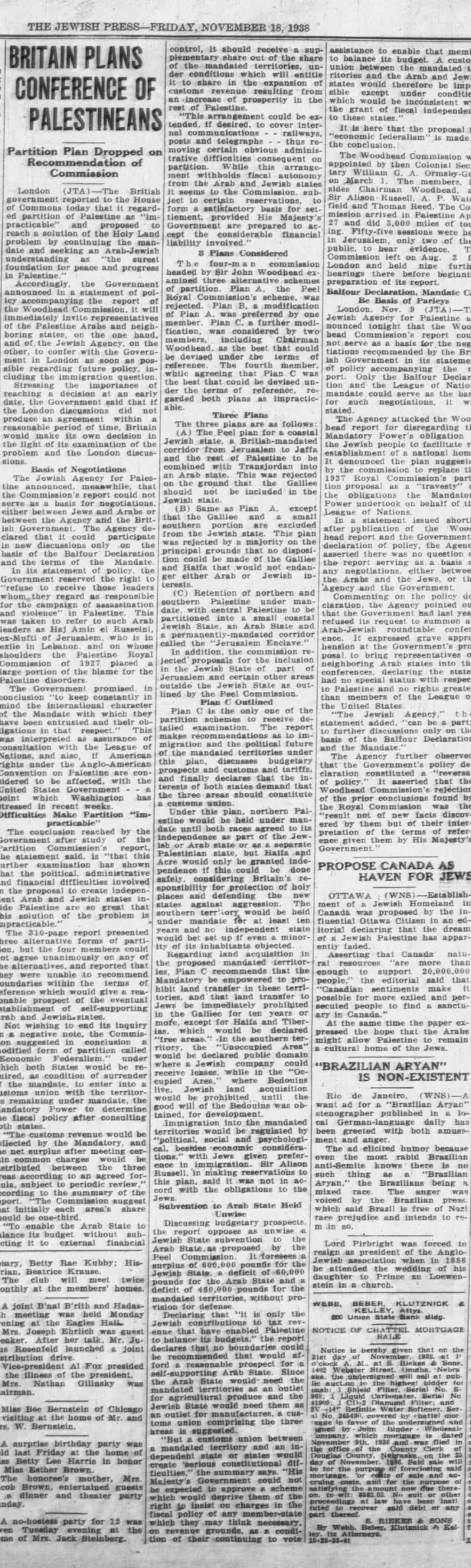 BRITAIN PLANS CONFERENCE OF PALESTINEANS &mdash; The Jewish Press, 18 November 1938