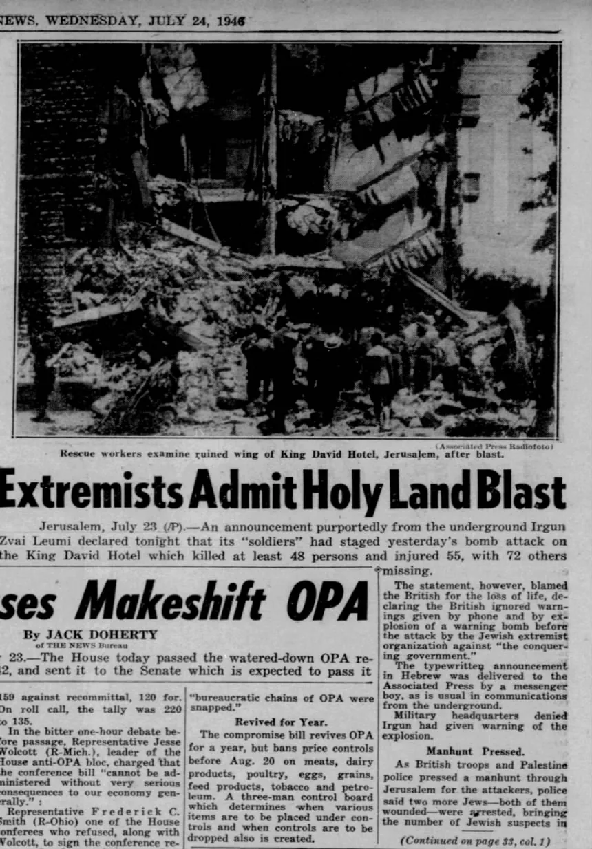King David Hotel, Jerusalem &mdash; Daily News, 24 July 1946