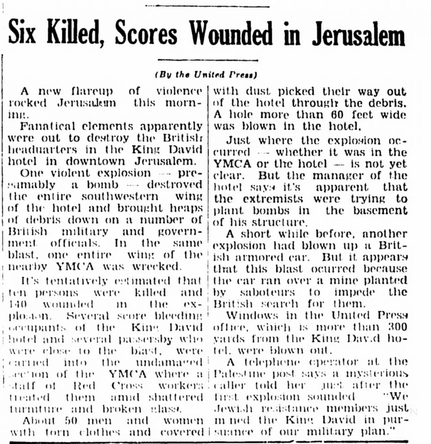 Six Killed, Scores Wounded in Jerusalem &mdash; Neosho Daily News, 22 July 1946