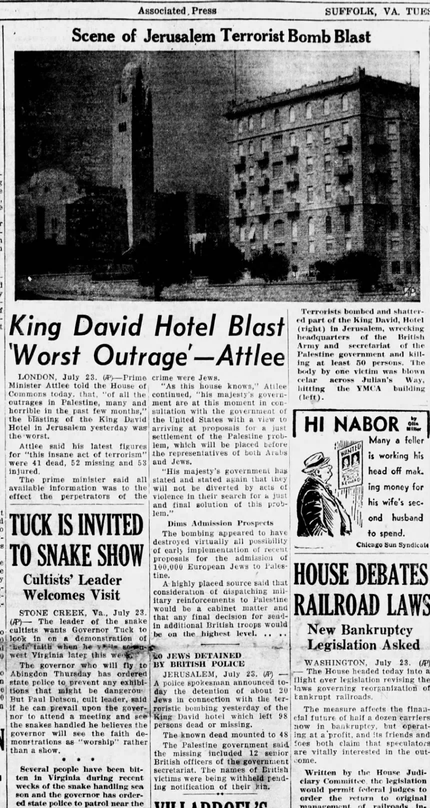 King David Hotel Blast ‘Worst Outrage’ — Attlee &mdash; Suffolk News Herald, 23 July 1946