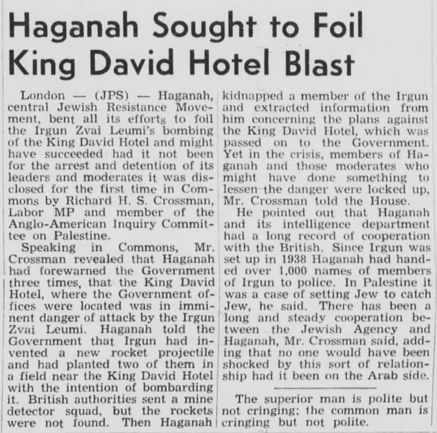 Haganah Sought to Foil King David Hotel Blast &mdash; Wisconsin Jewish Chronicle, 9 August 1946