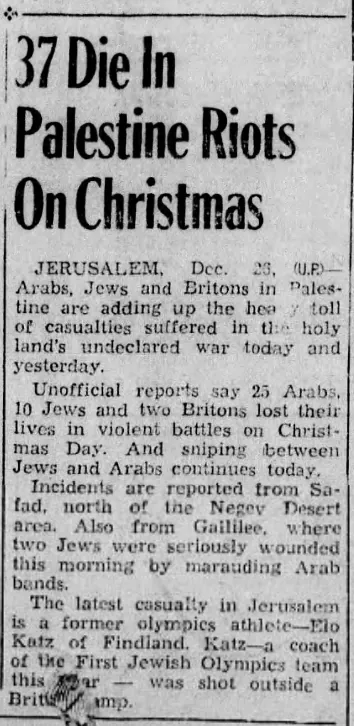 37 Die In Palestine Riots On Christmas — Taylor Daily Press, 26 December 1947