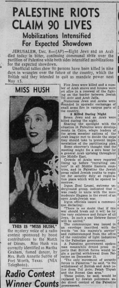 Palestine Riots Claim 90 Lives — Columbia Record, 8 December 1947