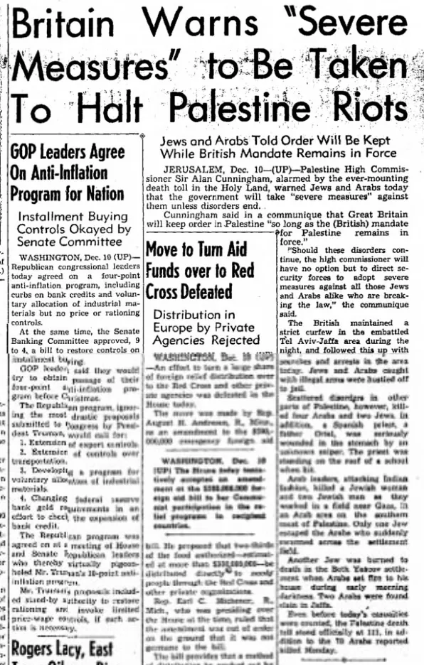 Britain Warns “Severe Measures” to Be Taken To Halt Palestine Riots — Mexia Daily News, 10 December 1947