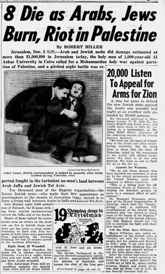 8 Die as Arabs, Jews Burn, Riot in Palestine — Daily News, 3 December 1947