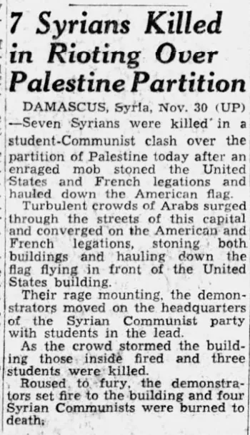 7 Syrians Killed in Rioting Over Palestine Partition — The Boston Globe, 1 December 1947