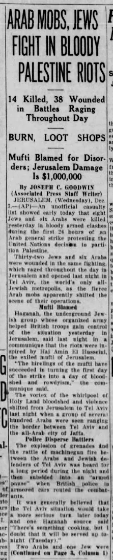 Arab Mobs, Jews Fight In Bloody Palestine Riots — Evansville Courier & Press, 3 December 1947