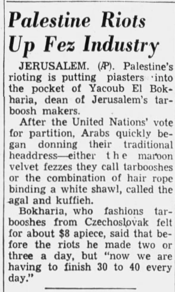 Palestine Riots Up Fez Industry — Lincoln Journal Star, 14 December 1947
