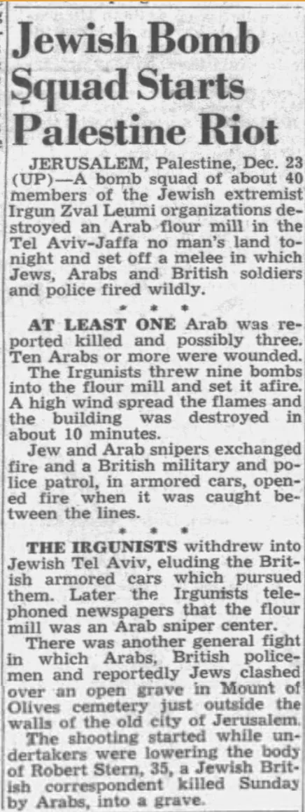 Jewish Bomb Squad Starts Palestine Riot — Honolulu Star-Advertiser, 24 December 1947