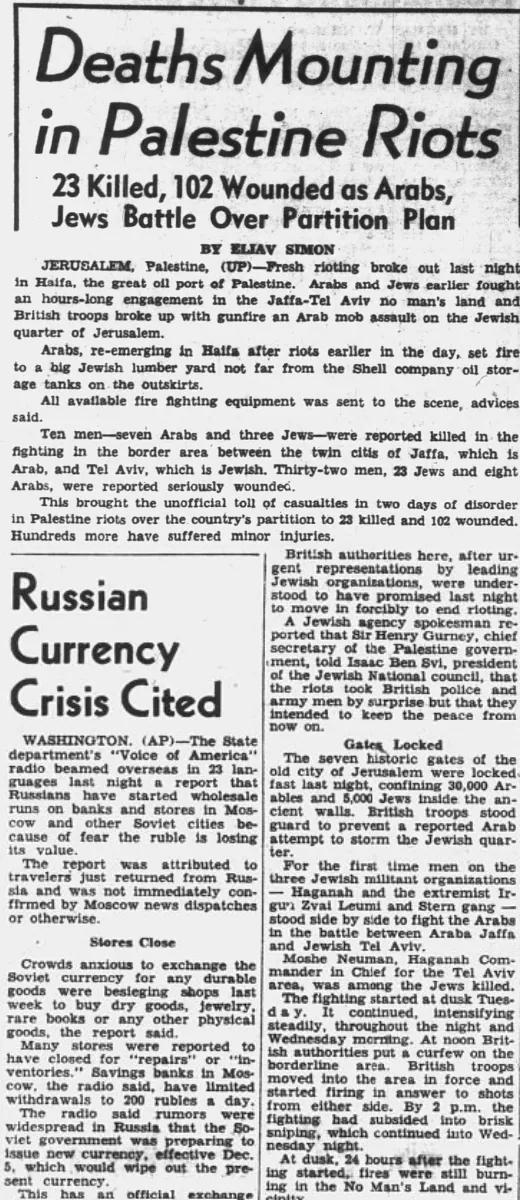 Deaths Mounting in Palestine Riots — Leader-Telegram, 4 December 1947