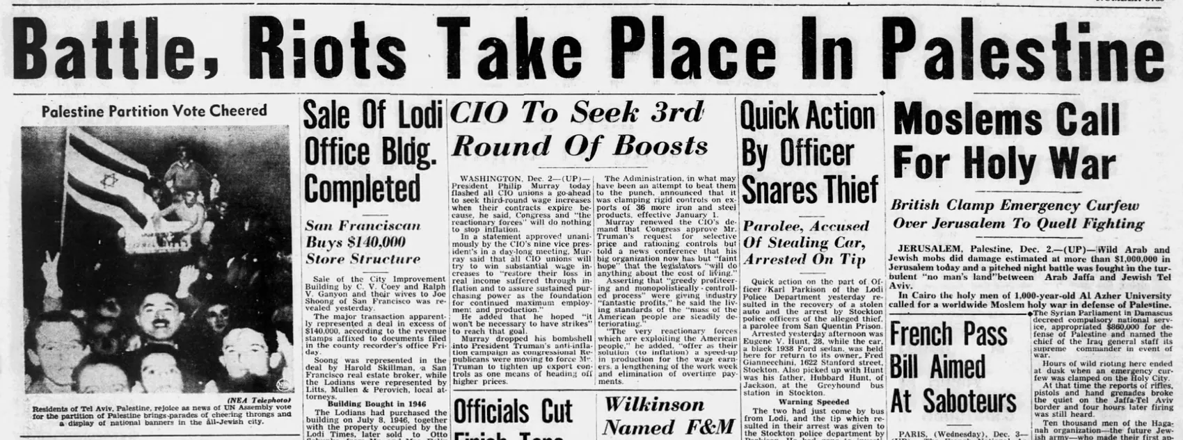 Battle, Riots Take Place In Palestine — Lodi News-Sentinel, 3 December 1947