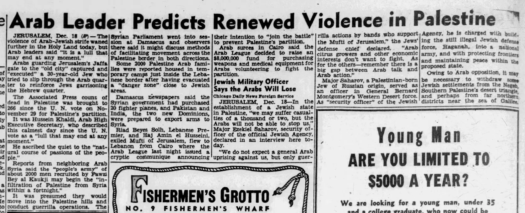 Arab Leader Predicts Renewed Violence in Palestine — San Francisco Chronicle, 19 December 1947