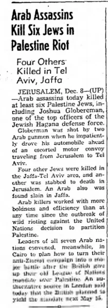 Arab Assassins Kill Six Jews in Palestine Riot — Mexia Daily News, 8 December 1947